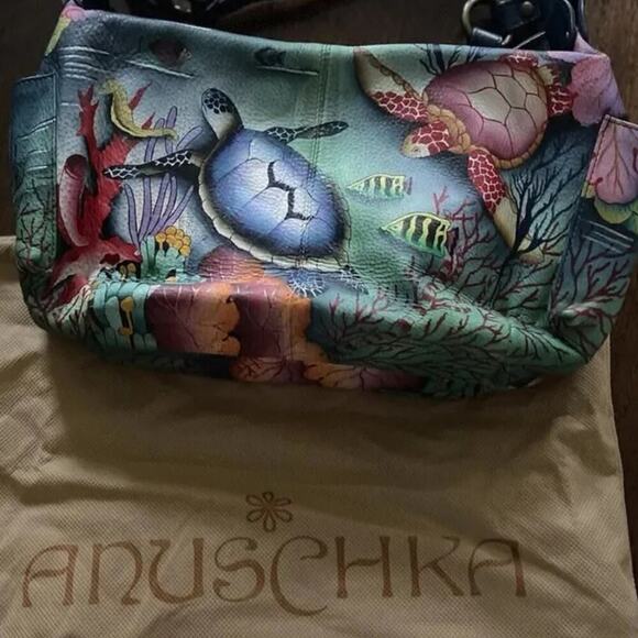 Anuschka Sea Life sea turtle fish hand painted leather shoulder bag Purse new - Picture 15 of 16
